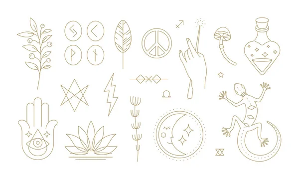 Set di simboli lineari di magia e stregoneria — Vettoriale Stock