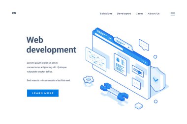 Beyaz ve mavi arayüzlü çağdaş afişin vektör tasarımı beyaz arkaplanda izole edilmiş web gelişimi hakkında çevrimiçi bilgi sunuyor. Isometric web pankartı, iniş sayfası şablonu