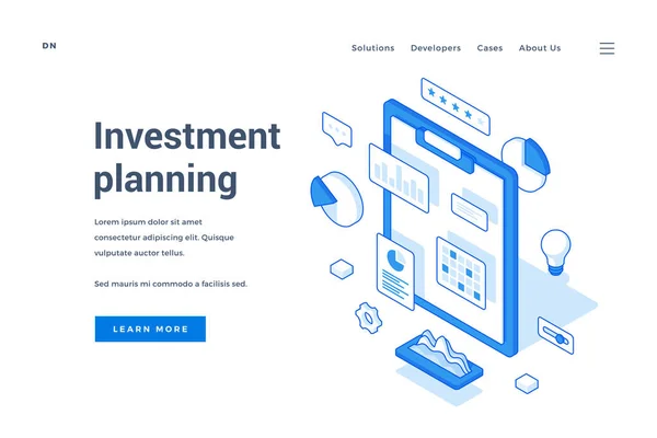 Three dimensional design of front page of web page about investment planning with graph and chart icons isolated on white background. Isometric web banner, landing page template
