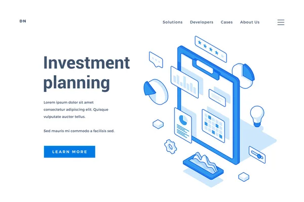 Beyaz arka planda izole edilmiş grafik ve grafik simgeleriyle yatırım planlaması hakkında web sitesinin ön sayfasının üç boyutlu tasarımı. Isometric web pankartı, iniş sayfası şablonu