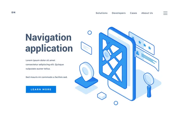 デザイン内の3次元地図や携帯電話のアイコンとナビゲーションアプリケーションについての詳細を学ぶために提供するインターネットのウェブページの創造的な等角バナー アイソメトリックウェブバナー ランディングページテンプレート — ストックベクタ