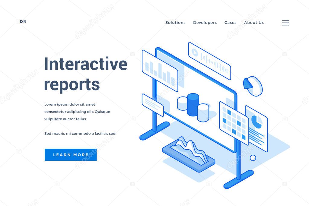 Vector banner of web page with board and graph icons offering information learning about interactive reports isolated on white background. Isometric web banner, landing page template