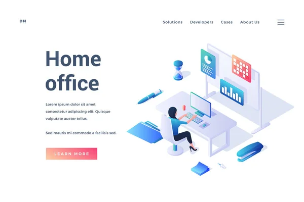 ホームオフィスとリモートで作業する人とのアイソメトリックバナー — ストックベクタ