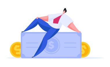 Başarılı bir iş adamı paranın üzerinde oturuyor. Düz vektör illüstrasyonu