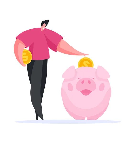 Mann spart Geld in Sparschwein. Flache Vektorabbildung — Stockvektor