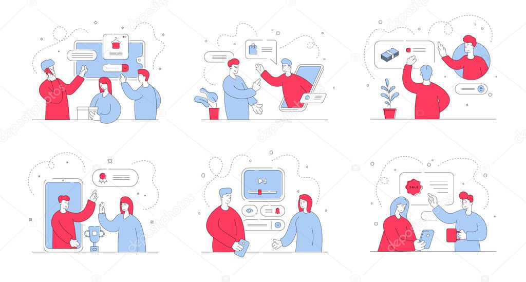 People using help of online managers on websites. Set of flat line vector illustrations