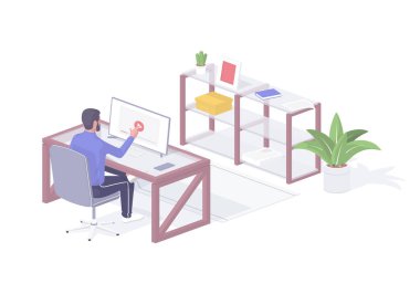 Ofisteki adam bilgisayar izometrik illüstrasyonunda çevrimiçi video izliyor. İş yerindeki erkek karakter otururken monitörden web videoları izliyor. Süre bitiş vektörü gerçekçi arasında güzel bir mola.