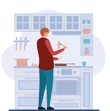 Sabah mutfakta kahvaltı hazırlarken tavada domuz pastırmalı yumurta pişiren adamın vektör çizimi.