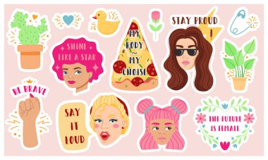 Feminist temalı parlak çıkartmalar.