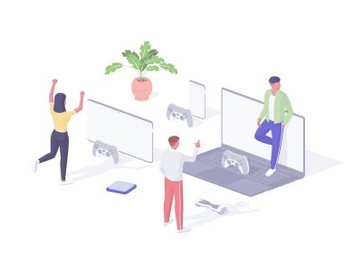 Çevrimiçi oyun izometrik çizim yapan insanlar. Grup genç karakterleri uzaktan bilgisayar oyunları oynuyorlar.