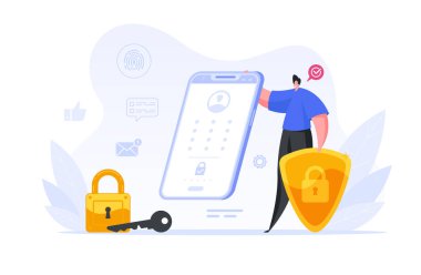 İş adamı akıllı telefon vektör illüstrasyonunun biyometrik korumasını kontrol ediyor