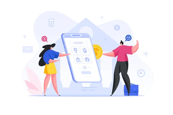 Mensen betalen voor nutsvoorzieningen via een online applicatie in smartphone flat concept — Stockvector