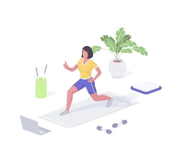 妇女从事健身等量矢量。运动垫上的女性角色用笔记本电脑的网络视频进行练习. — 图库矢量图片