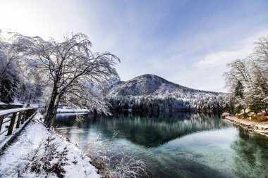 Kışın ilk karı İtalyan Alplerinde bir gölde.