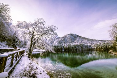 Kışın ilk karı İtalyan Alplerinde bir gölde.