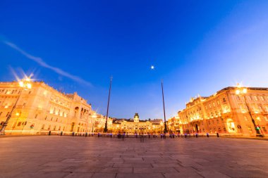 Trieste 'nin güzel meydanı ve Noel ağaçları.