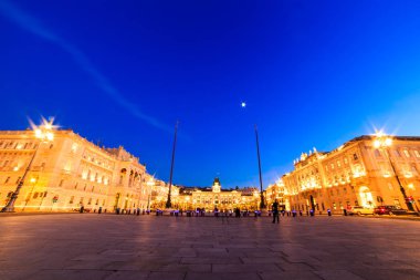 Trieste 'nin güzel meydanı ve Noel ağaçları.