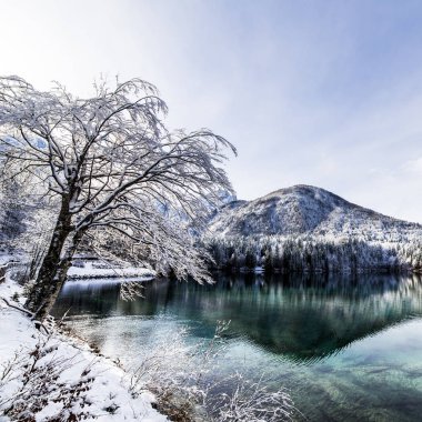 Kışın ilk karı İtalyan Alplerinde bir gölde.