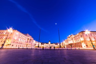 Trieste 'nin güzel meydanı ve Noel ağaçları.