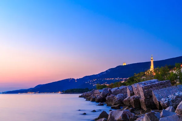 Puesta Sol Playa Debajo Del Faro Trieste Friuli Venezia Giulia — Foto de Stock