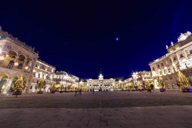 Trieste 'nin güzel meydanı ve Noel ağaçları.