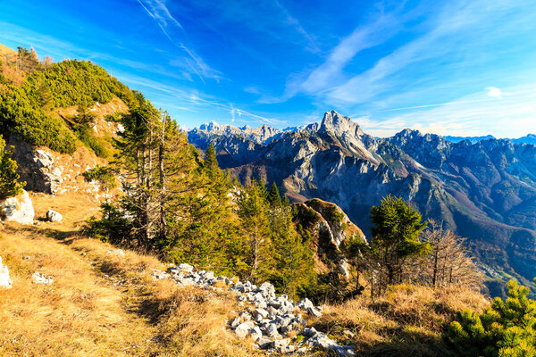 Sunny autumn day at the mount Tersadia in the italian alps