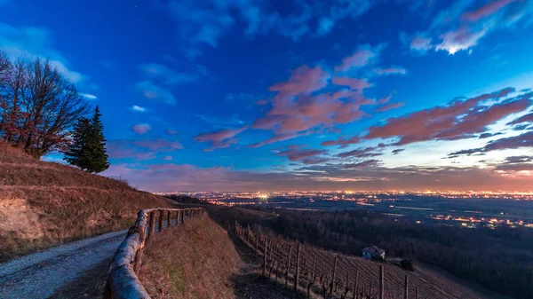 Pôr-do-sol colorido nas vinhas italianas — Fotografia de Stock