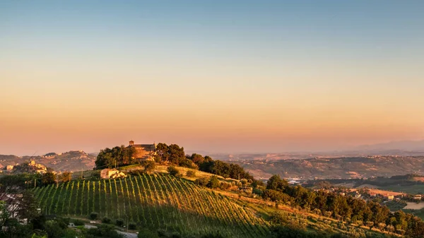 Zonsondergang Velden Van Marche Vanuit Het Dorp Acquaviva Picena — Stockfoto