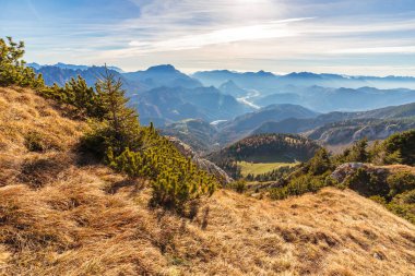Renkli bir sonbahar döneminde, kırsal alplerde güneşli bir gün.
