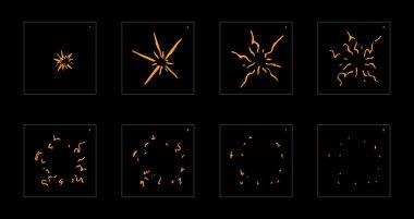 Parlak toz etkisi. Toz patlaması animasyon etkisi. Oyun, çizgi film ya da animasyon için animasyon sayfası. Vektör biçimi canlandırma efekti 1387.