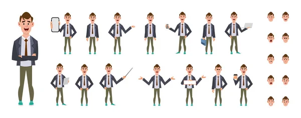 Cute Businessman Cartoon Character Set Character Set Different Poses Gestures — Stock Vector