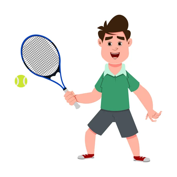 Lindo Chico Jugando Tenis Lindo Personaje Estilo Plano Para Niños — Vector de stock