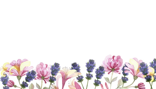 Akvarell Handmålad Natur Blommig Linje Banner Sammansättning Med Lila Lavendel — Stockfoto
