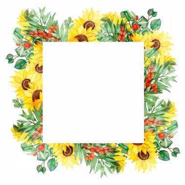 Suluboya el, doğanın kenarlarını sarı ayçiçeğiyle, turuncu deniz dikenli üzümle ve yeşil okaliptüs yapraklarıyla boyadı.