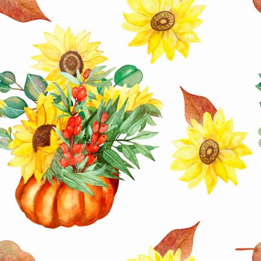 Suluboya elle boyanmış doğa bitkileri sarı ayçiçekleri, turuncu deniz karabatağı üzümleri, yeşil okaliptüs yaprakları ve kabak bitkisi desenli kahverengi yaprak buketi.