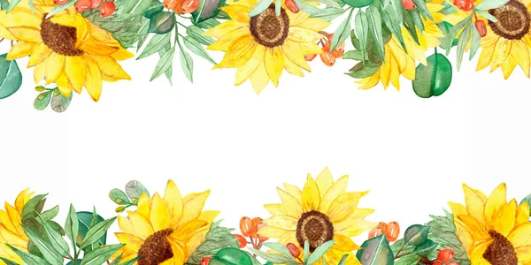 Akwarela Ręcznie Malowane Natura Ogród Rośliny Ramka Baner Żółtymi Słonecznikami — Zdjęcie stockowe