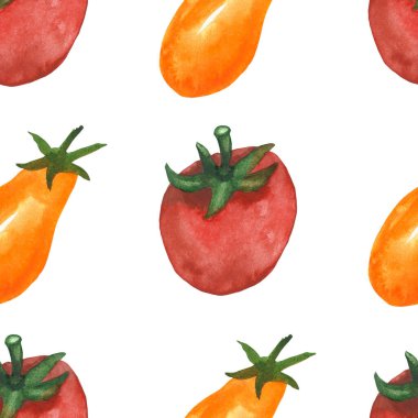 Suluboya elle boyanmış doğa bitkileri turuncu ve kırmızı domates sebzeleri ile kusursuz desen ve beyaz arka planda izole edilmiş yeşil gövde, tasarım için taze desen