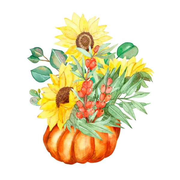 Watercolor hand painted nature garden plants composition with yellow sunflower, orange sea buckthorn and green eucalyptus leaves on branch bouquet in the pumpkin on the white background