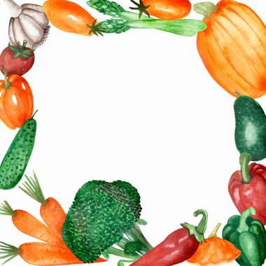 Suluboya el boyası doğanın kenarlarını turuncu havuç, balkabağı, dolma biber, yeşil salatalık, brokoli, avokado, kuşkonmaz, kırmızı domates, kırmızı biber ve kartlar için beyaz sarımsak ile boyadı.