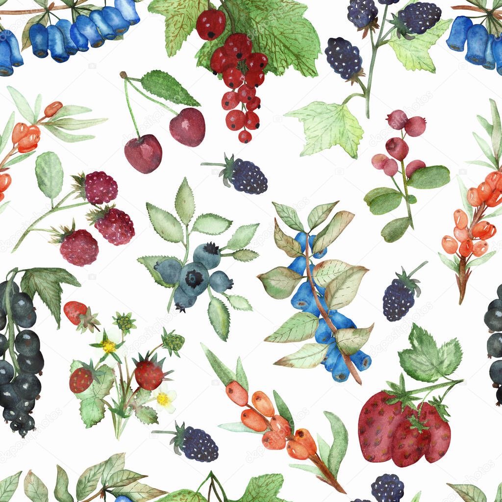 Watercolor hand painted nature garden plants seamless pattern with blueberries, blueberries, blackberries, black currants, cherries, strawberries, cranberries, sea buckthorn, red currants berry print