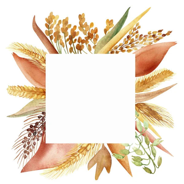 Watercolor Hand Painted Nature Grain Field Squared Border Frame Yellow — Stock Photo, Image