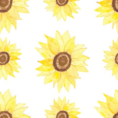 Suluboya elle boyanmış doğa yaz bahçesi bitkileri kusursuz desenli sarı ayçiçekleri beyaz arka planda izole edilmiş tasarım elementleri için moda çiçek deseni