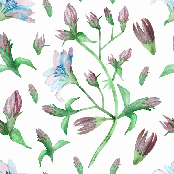 Akwarela Ręcznie Malowane Natura Kwiatowa Zieleń Bezszwowy Wzór Lekkim Fioletowym — Zdjęcie stockowe