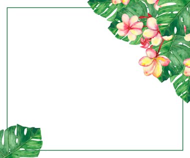 Suluboya el, yeşil palmiye yaprakları ve beyaz arka planda pembe çiçekli tropikal sınır çerçevesi ile doğayı boyadı.