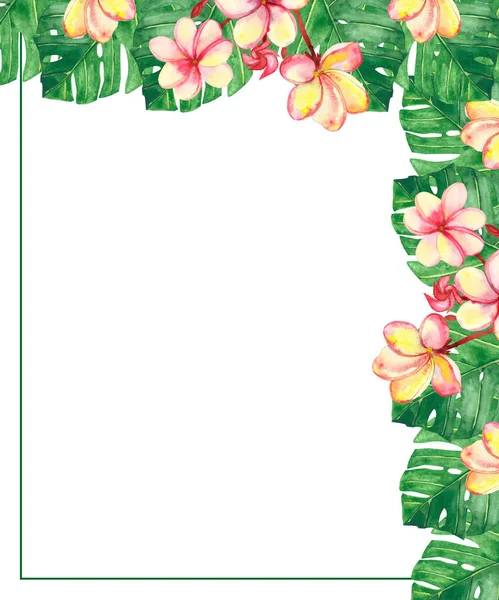 Watercolor hand painted nature floral tropical corner border frame with green palm leaves and blossom pink plumeria flowers on the white background for invite and greeting card with the space for text