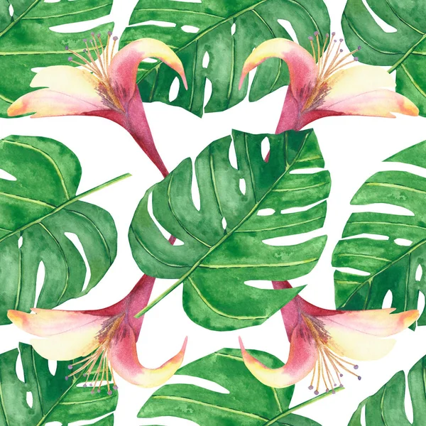 Akvarel Ručně Malované Příroda Tropické Rostliny Bezešvé Vzor Zelenými Palmovými — Stock fotografie