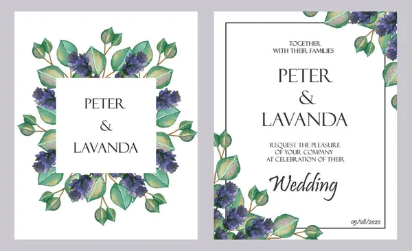 水彩手描き自然花の結婚式緑ユーカリの葉と紫色のラベンダーの花の枝組成 名前と招待カードのための白い背景にテキストで設定された2つのフレーム — ストック写真