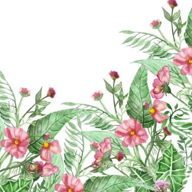 Suluboya el, yeşil palmiye yaprakları, okaliptüs yaprakları, pembe şakayık çiçekleri ve beyaz arka planda davetiye ve tebrik kartları için süt desenli tropikal köşe çerçevesini boyadı.