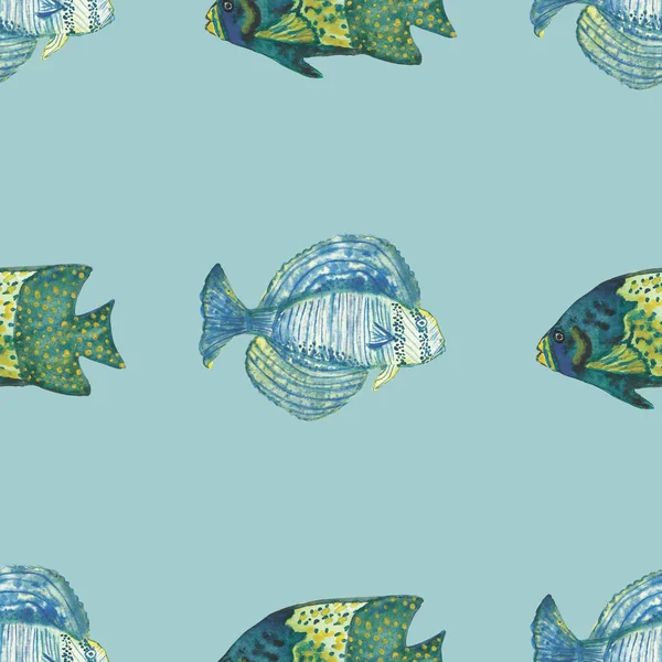 水彩手描きの自然海の動物緑 ターコイズ ライトグリーン 黄色の色別の魚コレクションとシームレスなパターンは 印刷デザインのための海の背景に隔離された — ストック写真
