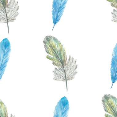 Suluboya el boya doğa romantik grafik kusursuz desen ile mavi ve yeşil tüylü tüy izole beyaz arka plan iz tasarımı için